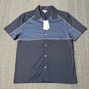 NWT REISS Gino Button Up Shirt Cuban Collar Mercerized Colorblock Blue Large